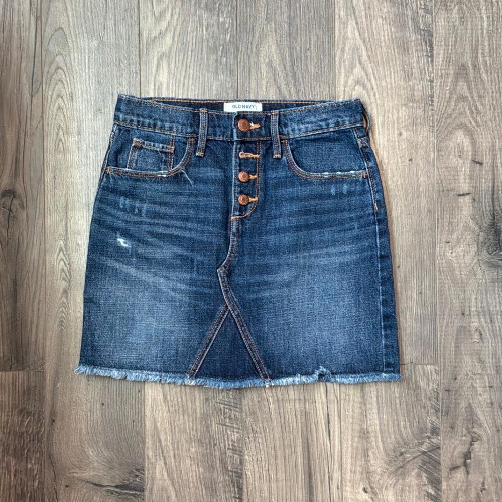 Old Navy Girls Dark Wash Button Fly Denim Mini Skirt Raw‎ Hem Size L 10-12
